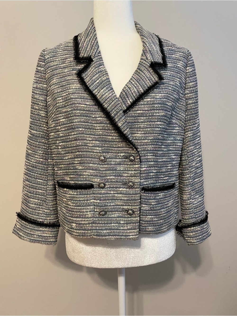 Anthropologie Black-Trimmed Heathered Gray Cropped Tweed Blazer